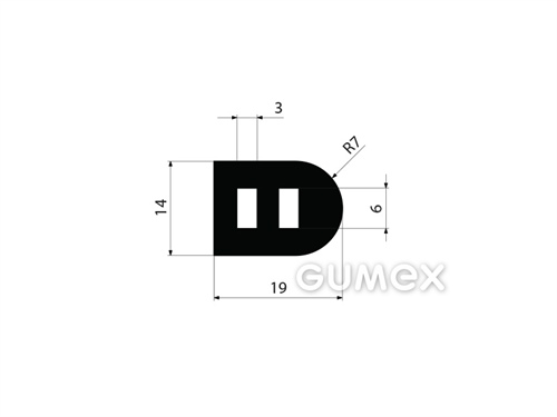Gumový profil tvaru "D" 2x dutinka, 14x19/R7mm, 60°ShA, EPDM, -40°C/+100°C, černý